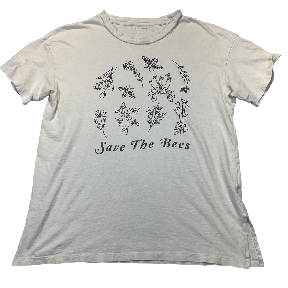 American Eagle Save The Bees Graphic T-Shirt Mens Small Cream Cotton Slub Tee